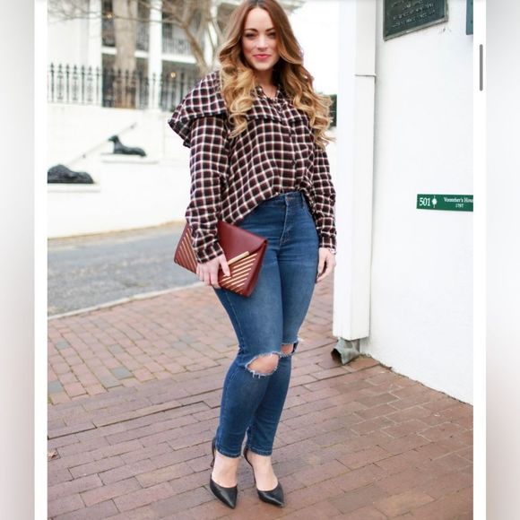 Monki Plaid Frill Ruffle Button-down Top Medium - Picture 2 of 10